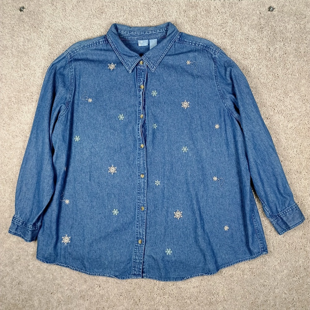 Holiday Editions‎ Embroidered Denim Shirt Button Up  Snowflakes Women's 3X